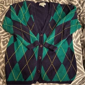 Izod Women’s Petite S Blue and Green Argyle Cardigan